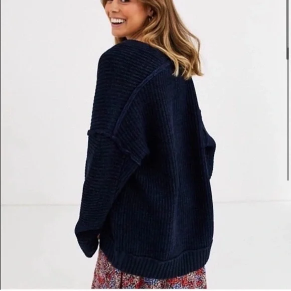 Free People Navy Black Chunky Knit Cardigan Sweater - Picture 2 of 8